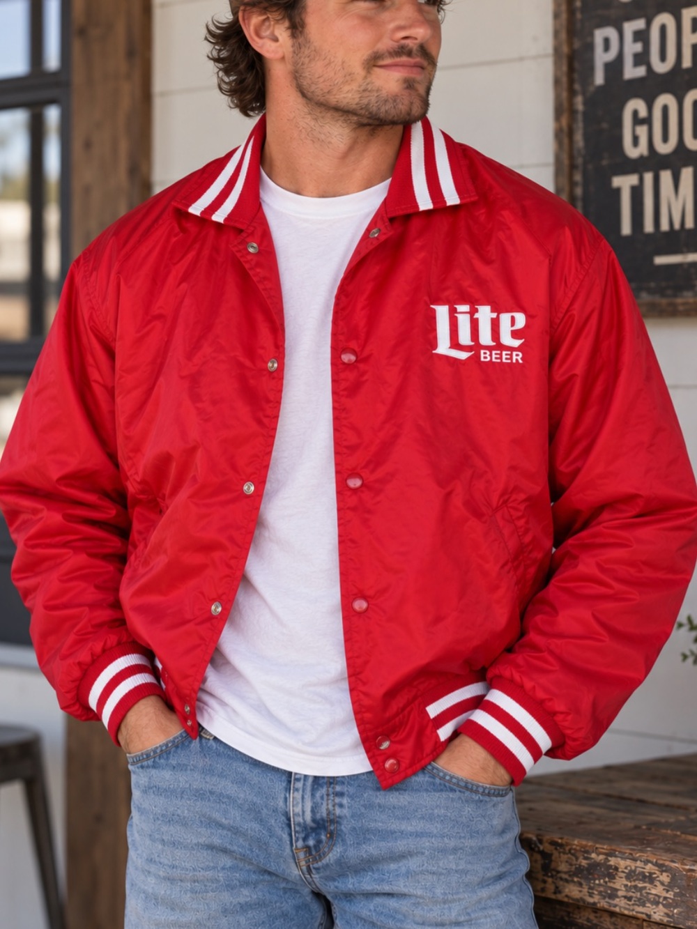 Vintage Dunbrooke Lite Beer Pla-Jac Red Satin Bomber Jacket Made in USA Large